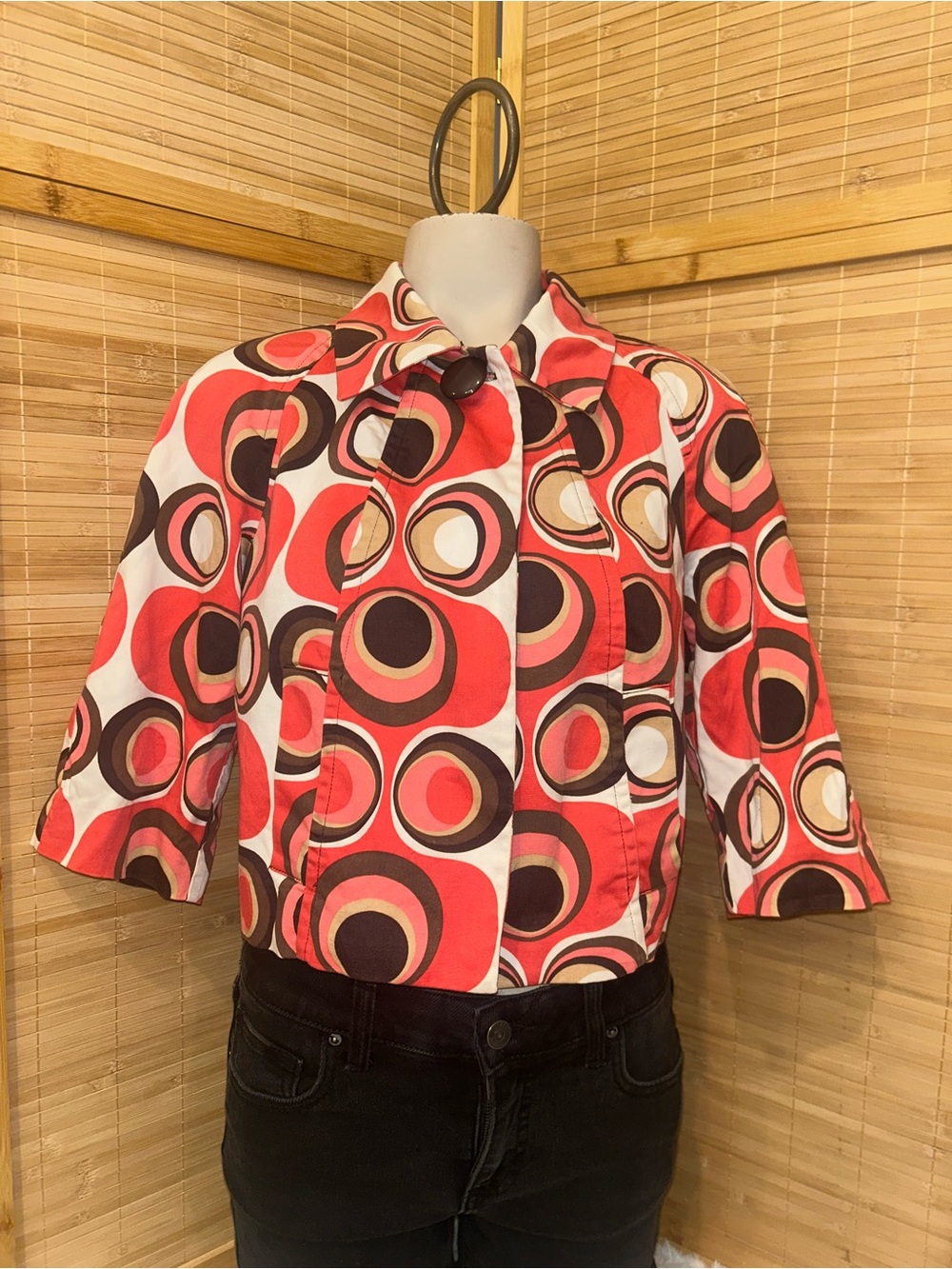 AGB coral brown abstract circle mod retro cropped 1 button jacket woman’s size 8